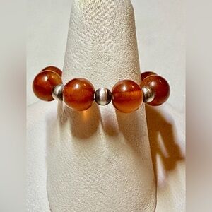 💍 Gorgeous Amber & 925 SS Beaded Stretchy Ring, Adjustable Sz 4.75 to 8.5, NWOT